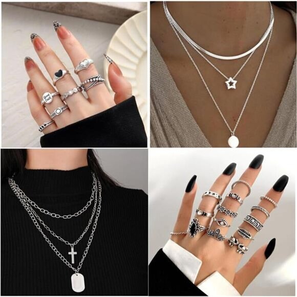 73 Pcs Gold Jewelry Set with 6Pcs Layered Necklace, 11 Pcs anklet and 7Pcs - Picture 2 of 8